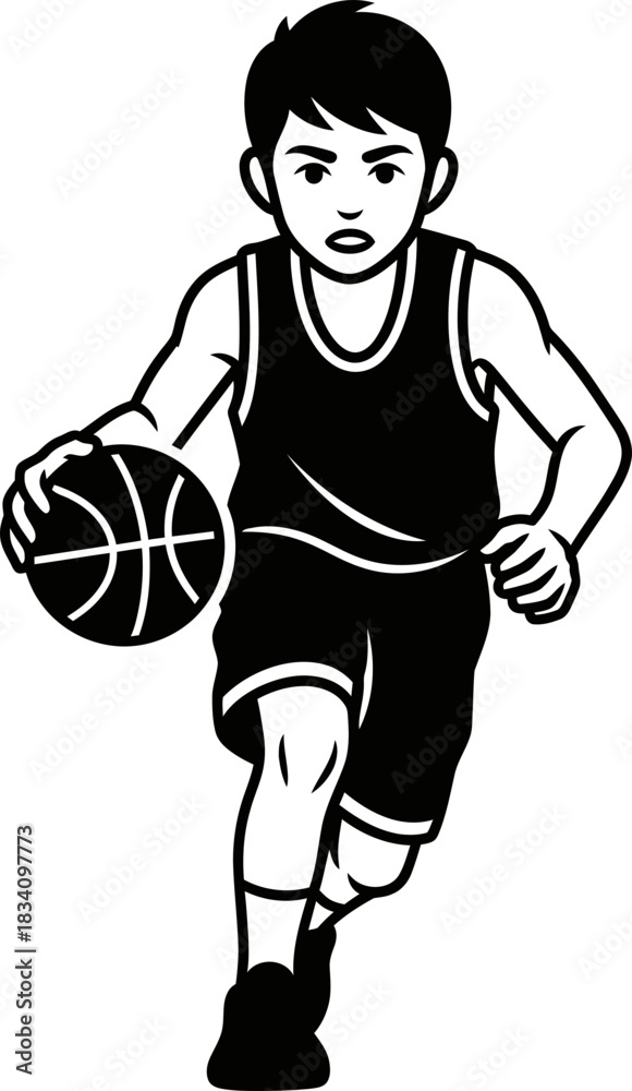 Fototapeta premium Boy playing basketball. Athlete with ball. Sport activity, game, and healthy lifestyle concept. Black and white vector illustration for design