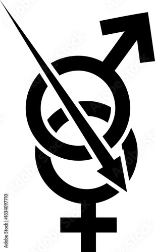 Gender symbol icon with male and female sign merged and diagonal arrow indicating separation or conflict, concept of gender equality or relationship issue. Vector illustration