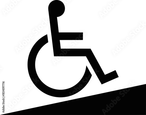Black wheelchair user icon on a ramp. Handicap access and disabled person concept. Vector symbol illustration graphic design for sign