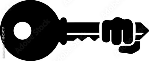 Hand holding a key with a fist like grip. Access, security, and solution concept. Flat black vector icon symbol for web and app design