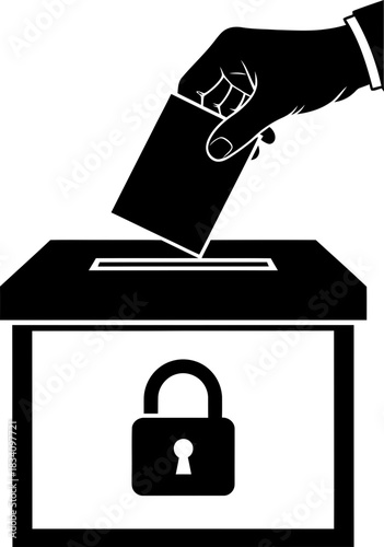 Human hand putting election ballot into locked vote box for democratic choice. Voting and civic duty concept. Flat style political election vector illustration