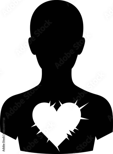 Black silhouette of a human with a white stylized heart and burst effect. Love, heartache, health, and medical concept. Vector icon for app, logo