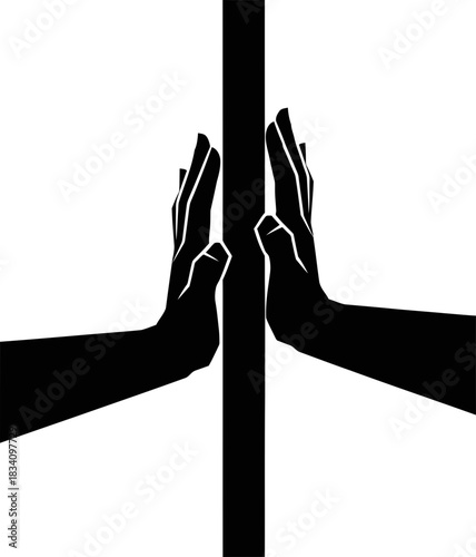 Two hands pushing against a vertical line, black and white icon representing separation, barrier, pressure, or interaction. Vector illustration.