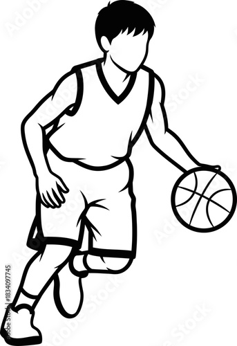Monochrome illustration of a male kid playing basketball and dribbling. Sport child game. Active boy dribbling ball. Flat vector art for activity, competition, poster