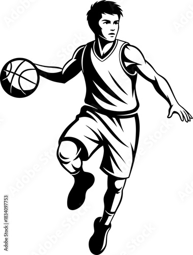 Man basketball player dribbling ball while jumping, portraying dynamic movement and sports action. Vector illustration for athletic event, sport club, team