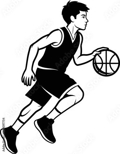 Young man playing basketball, dribbling ball. Athlete running. Sport and fitness concept. Minimalist style. Vector illustration for emblem, logo, poster, banner
