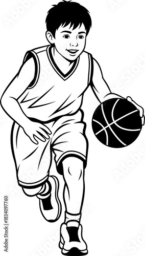 Young kid dribbling basketball ball, running forward, a dynamic sport activity for healthy lifestyle. Vector illustration