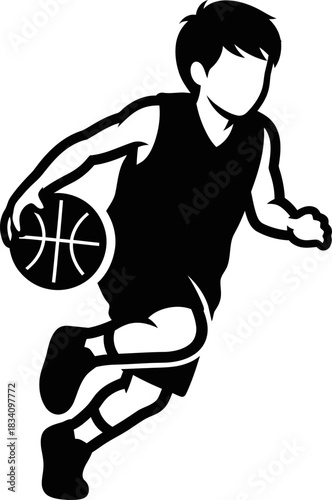 Boy dribbling a basketball on a court. Sport activity, education and healthy lifestyle concept. Vector illustration for logo, icon, banner, poster