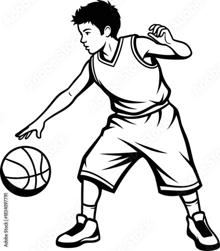 Teenage boy dribbling a basketball on a court, showcasing youth sport and active lifestyle, black and white vector illustration