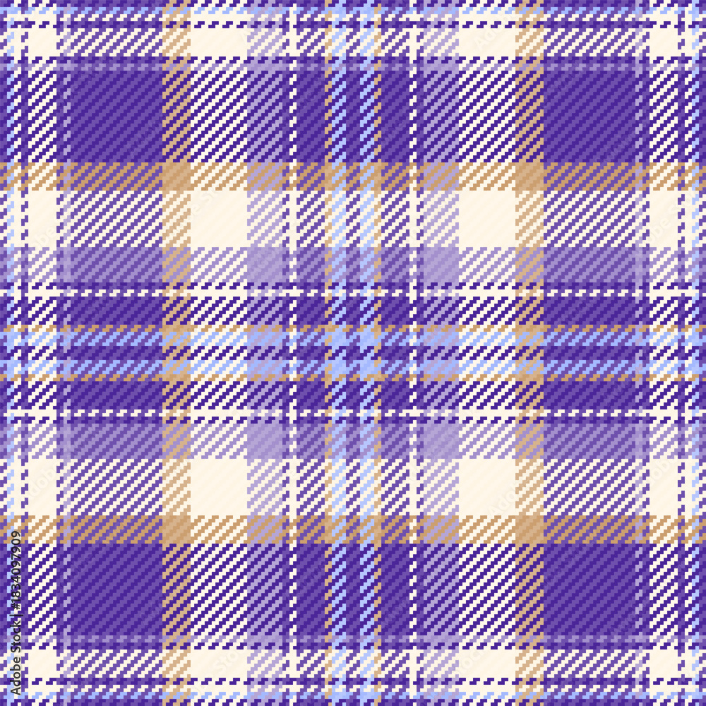 Fototapeta premium Seamless tartan pattern. Textile design for blankets, shirts, scarves, or other clothing. Woven check background texture in purple, beige, blue hues.