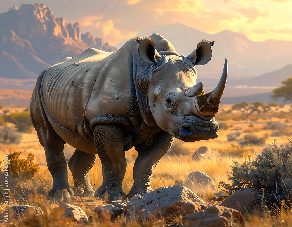 Fototapeta premium Majestic rhinoceros portrait in golden hour, savanna landscape background, facing forward