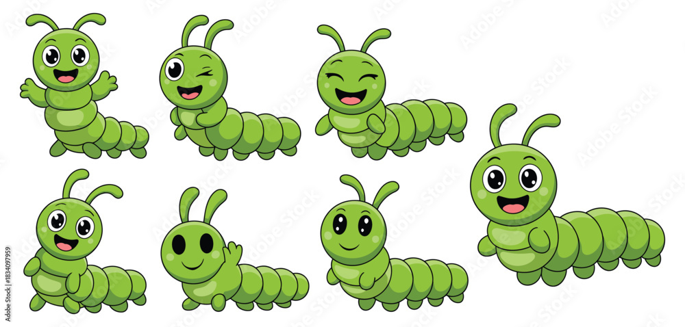 Obraz premium Vector illustration of caterpillar worm maggot insect as a funny cute cartoon mascot character presenting seven playful poses ideal for educational materials