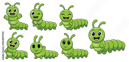 Vector illustration of caterpillar worm maggot insect as a funny cute cartoon mascot character presenting seven playful poses ideal for educational materials