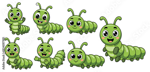 Vector illustration of caterpillar worm maggot insect as a funny cute cartoon mascot character presenting seven playful poses ideal for educational materials