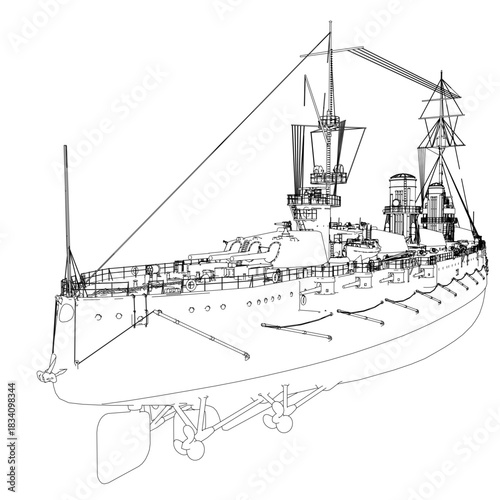 Detailed black and white contour drawing of a vintage battleship, featuring prominent gun turrets and a clearly defined stern on a clean white background.