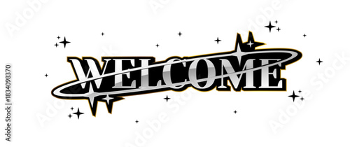 chrome colored welcome text banner with trendy y2k style
