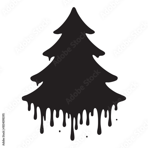 Stylized flowing paint dripping fir tree silhouette isolated on white background