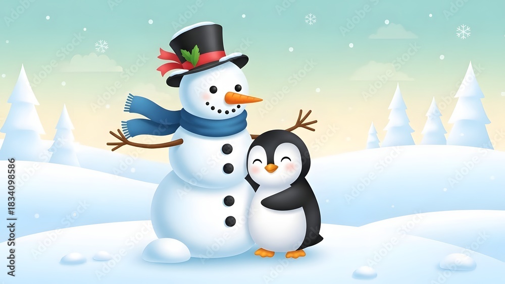 Obraz premium Snowman hugging penguin cute winter friendship illustration