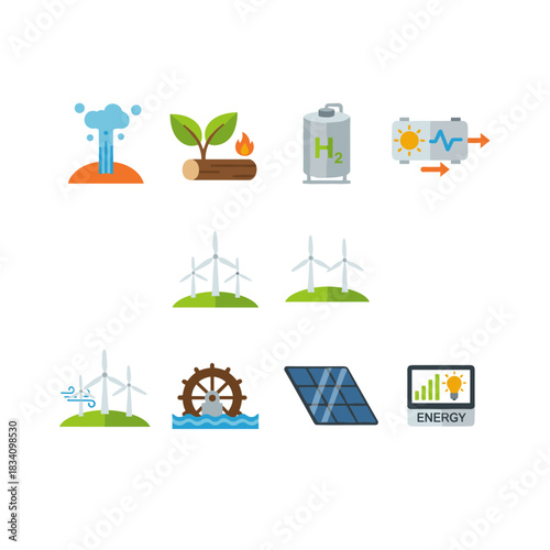 Renewable energy and sustainability icons set