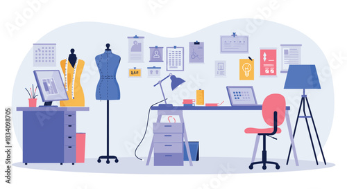 Modern fashion design studio workspace with sewing mannequins and creative tools