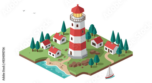 Charming coastal lighthouse scene with red and white stripes in isometric view