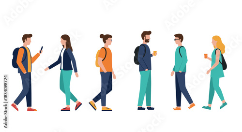 Diverse group of people walking and socializing in flat style