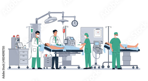 Medical team in operating room with surgical equipment and monitors