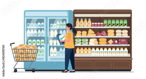 Woman shopping for dairy products in grocery store with shopping cart