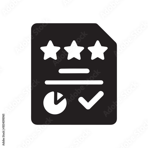 Black and white business rating document icon with five stars and checklist for customer review and quality evaluation
