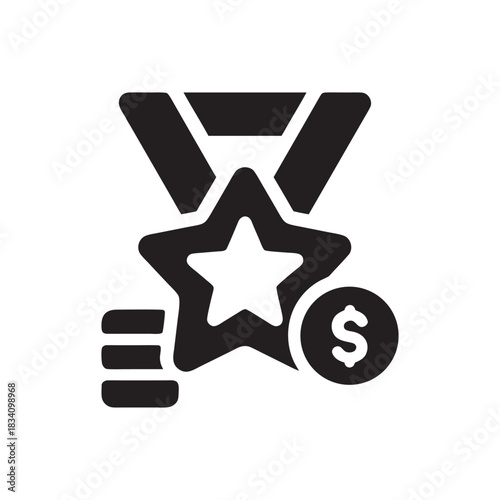 Business success award medal with star and dollar sign black and white vector icon for finance achievement and investment profit