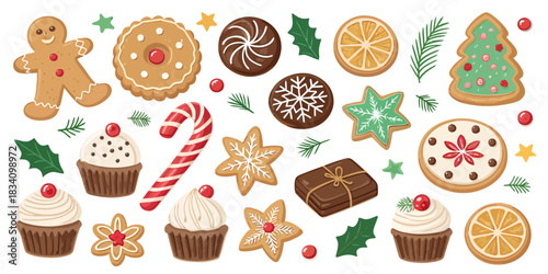A detailed Christmas sweets vector pack featuring cute holiday treats like cookies, candy canes, cupcakes, gingerbread, and chocolate bites in a soft, cozy, hand-drawn style.