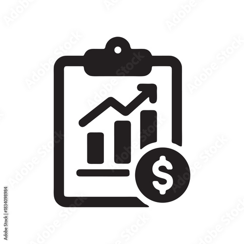Financial growth report icon black and white business analytics chart with rising arrow and dollar symbol vector illustration