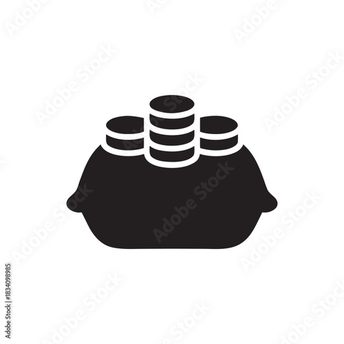 Money bag with coins black and white vector icon for business finance investment and savings
