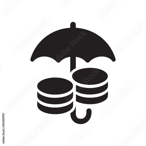 Money protection icon black and white vector umbrella covering coins business finance insurance savings security