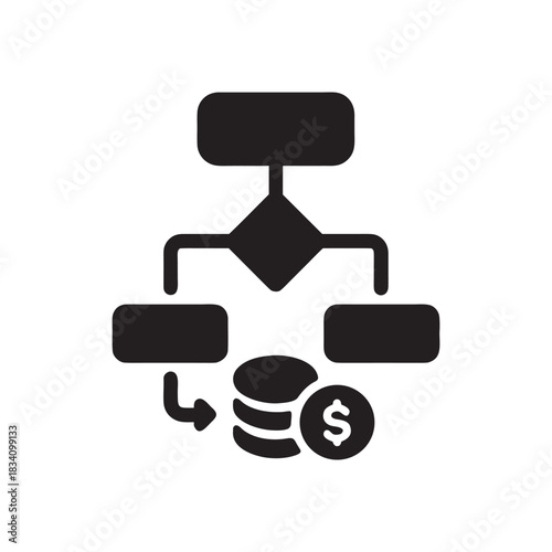 Black and white business flowchart icon with money symbol financial process and decision making vector illustration