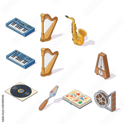 Music and art isometric icons set