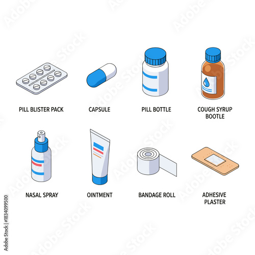 Medical and pharmaceutical isometric icons set