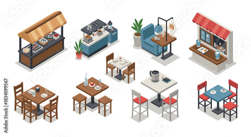 Isometric cafe and restaurant interiors: dining areas, counters, and furniture