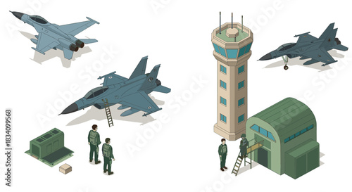 Isometric military aircraft and control tower scene with personnel