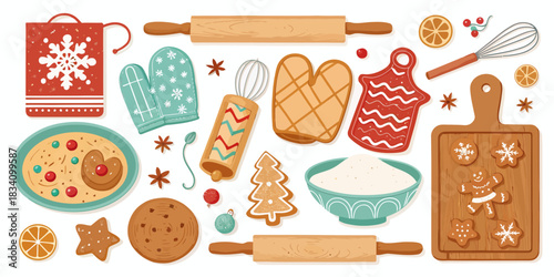 A cute gingerbread-themed bakery tools vector set including rolling pins, cookie cutters, icing bags, sweet treats, and cozy holiday kitchen details in a soft festive style.