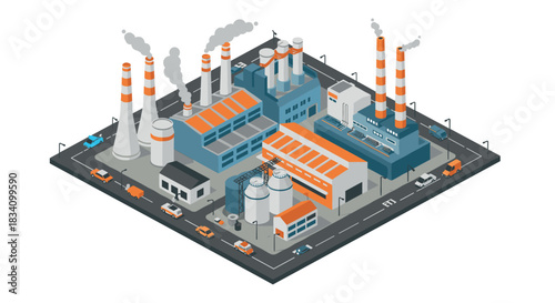 Industrial factory complex with smokestacks and vehicles in isometric design