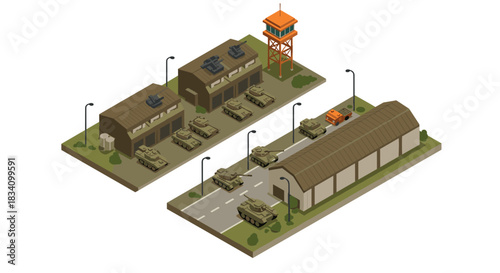 Isometric military base scene with tanks and guard tower