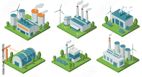 Isometric industrial buildings with wind turbines and solar panels