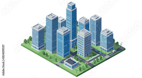 Isometric cityscape with modern high-rise buildings and urban street scene