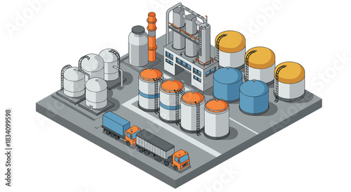 Isometric industrial plant with storage tanks and trucks in a modern urban layout