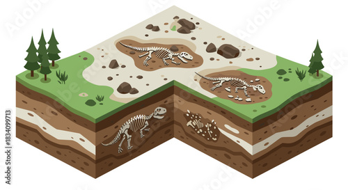 Isometric fossil excavation scene with dinosaur skeletons in cross-sectioned terrain