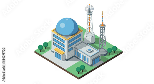 Modern isometric observatory facility with communication towers and antennas