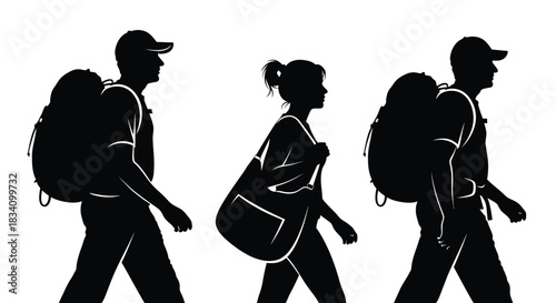 Silhouettes of three travelers with backpacks walking together on an adventure.