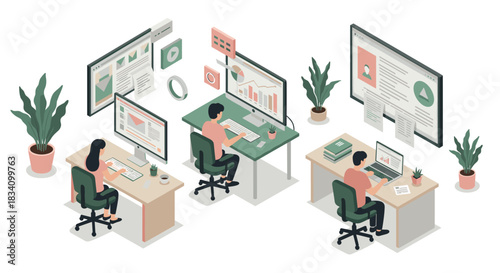 Modern office workspace in isometric design with professionals at desks