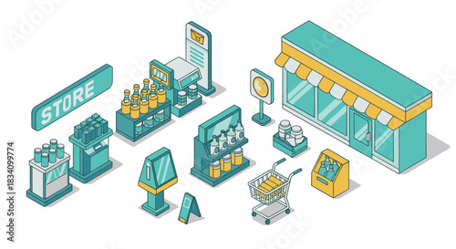 Isometric grocery store elements with shelves, shopping cart, and checkout counter